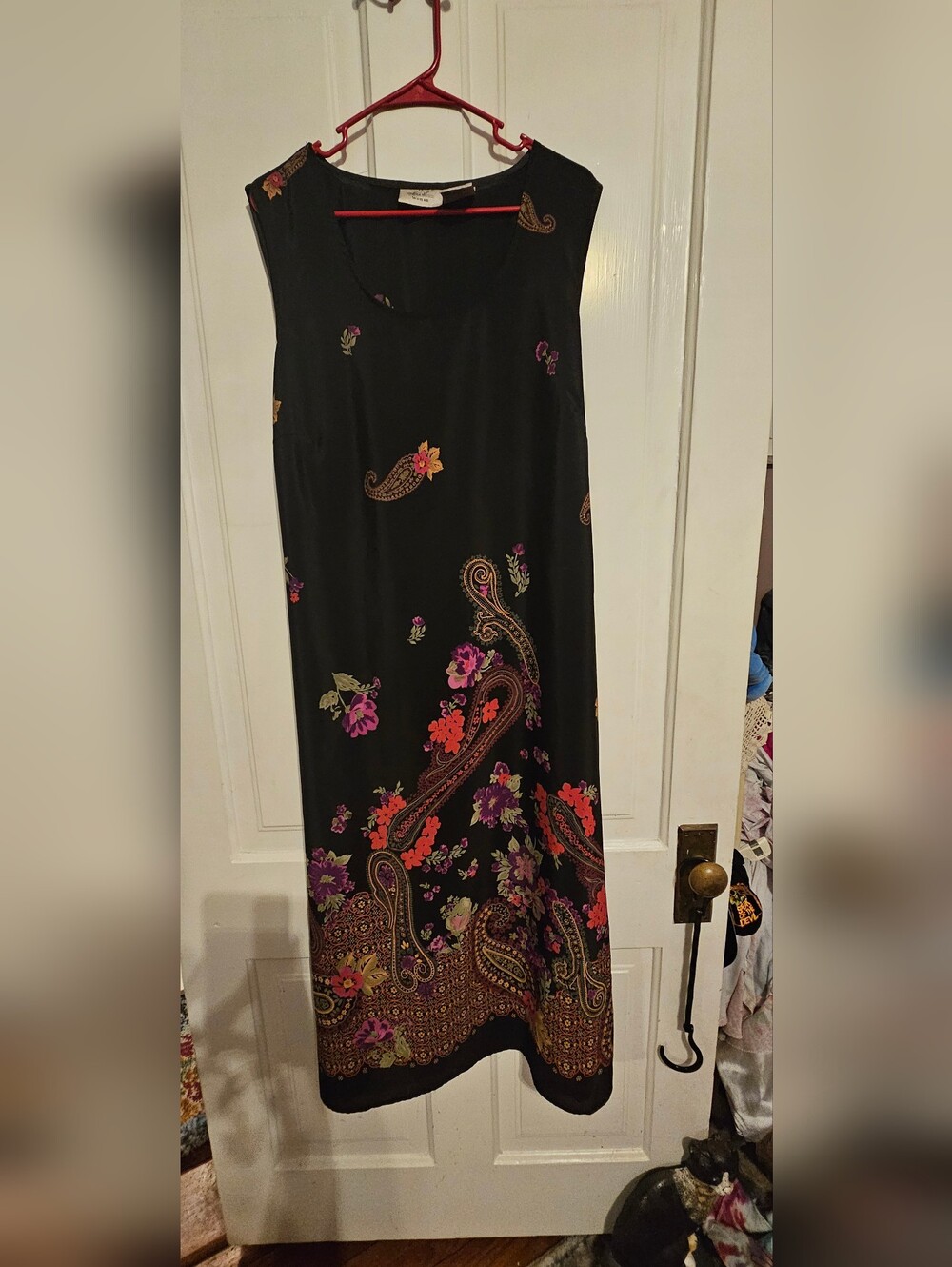 Kathie Lee Collection Black Maxi Dress with Pink Purple and Orange Paisley
